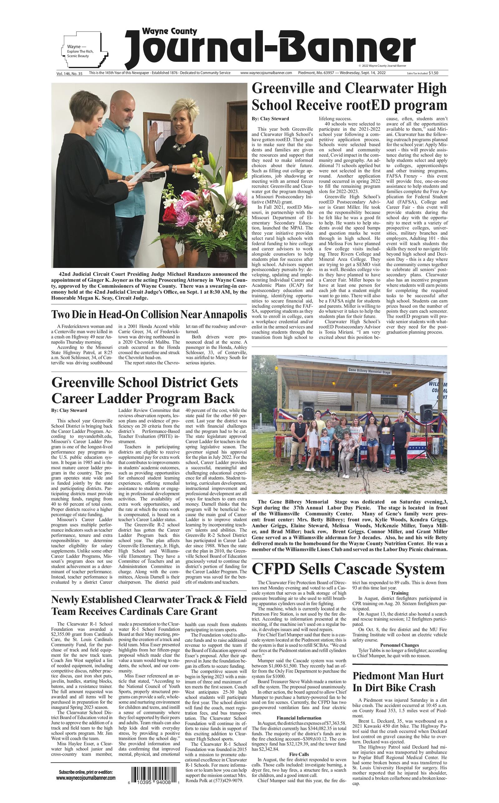 Wayne County Journal Banner September 14 2022